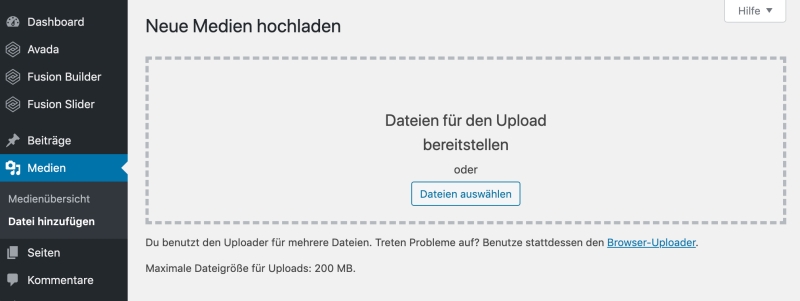 Bildschirmfoto Medien > Datei hinzufügen – WordPress Uploader Bildschirmfoto Menü Medien > Datei hinzufügen - WordPress Uploader