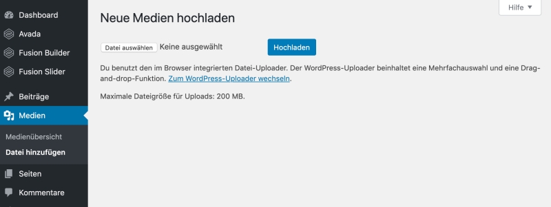 Bildschirmfoto „Medien >Datei hinzufügen“ – Browser-Uploader Bildschirmfoto Medien >Datei hinzufügen Browser-Uploader