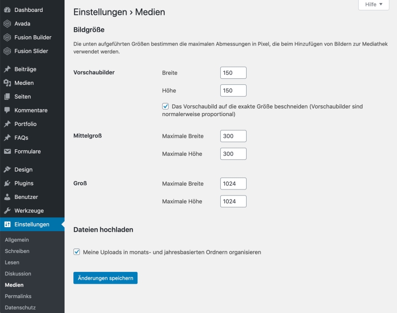 Bildschirmfoto: WordPress Einstellungen>Medien Bildschirmfoto: WordPress Einstellungen>Medien