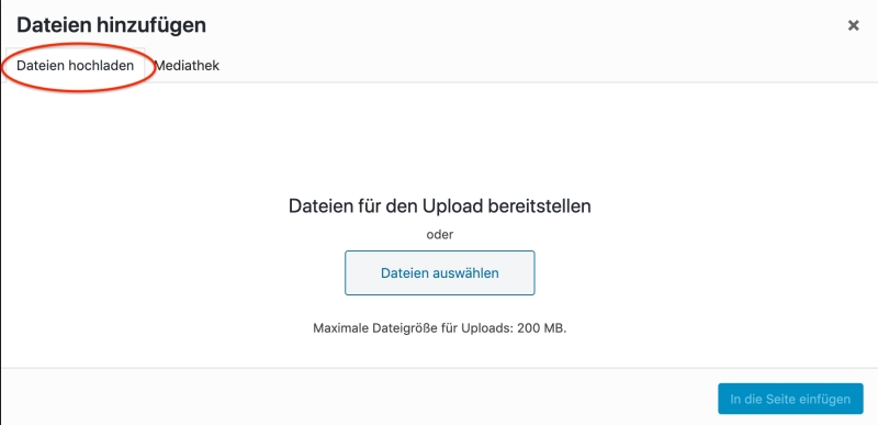 Bildschirmfoto: Datei hinzufügen – „On the fly“ Bildschirmfoto: Datei hinzufügen - "On the fly" - Tab "Dateien hochladen" hervorgehoben
