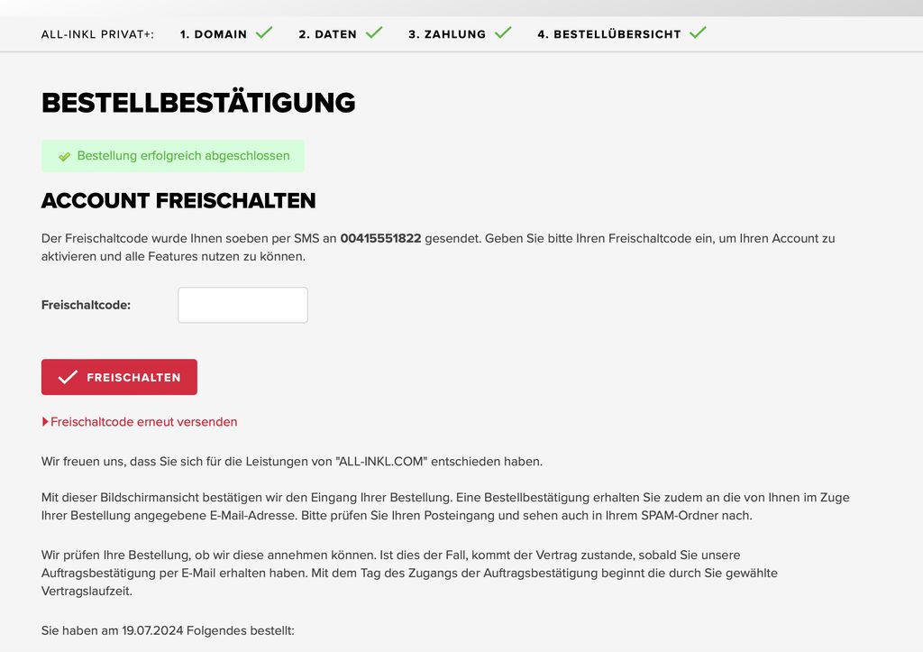 Schritt 8: Freischaltcode auf der ALL-INKL Website eingeben und Account aktivieren